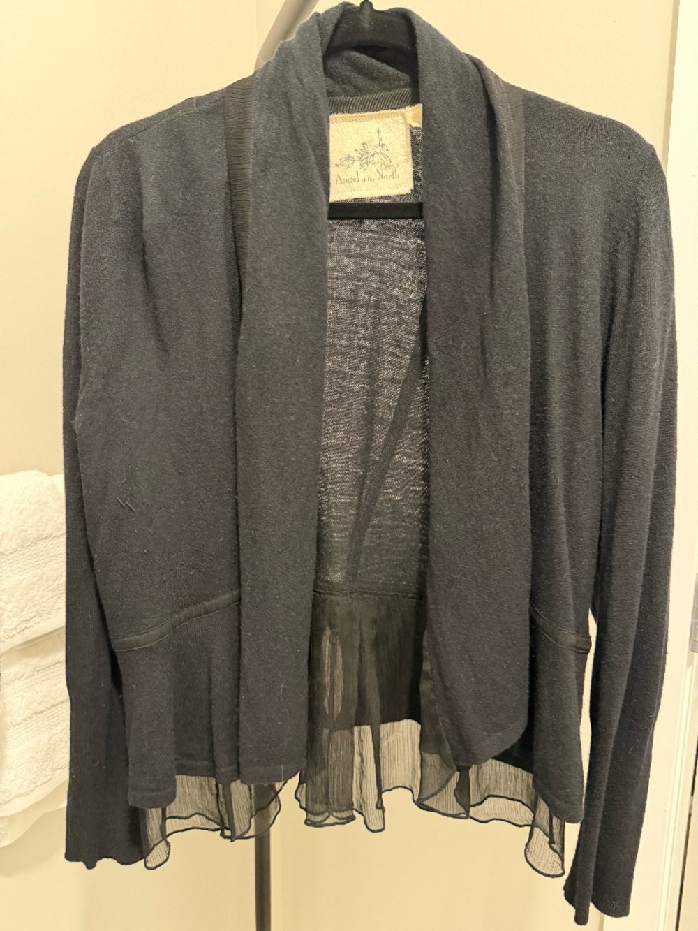 Anthropologie Angel of the North Black Chiffon Trim Open Cardigan L
